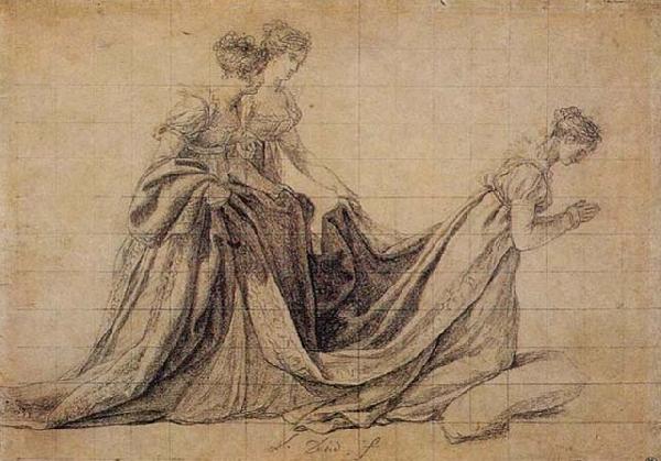 Jacques-Louis  David The Empress Josephine Kneeling with Mme de la Rochefoucauld and Mme de la Valette oil painting image